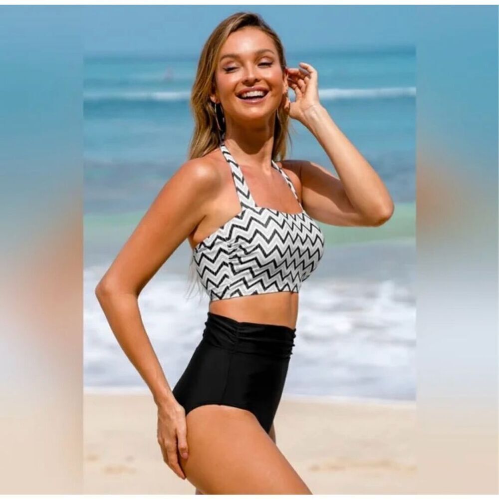 Cupshe Black and White Geometric Print High Rise Contour Bikini Medium